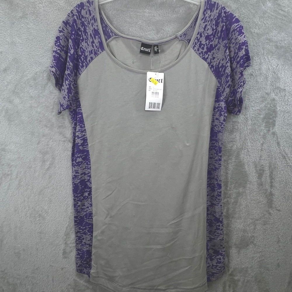 Cruel Gray Purple Scroll‎ Studded Burnout Raglan T-Shirt L Boho Edgy Western
